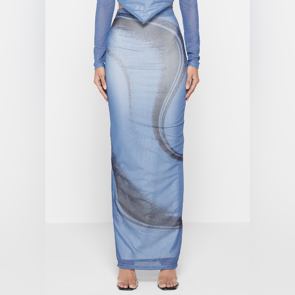 Maniere De Voir Blue and Black Mesh Corset Maxi Skirt Set - Picture 3 of 10